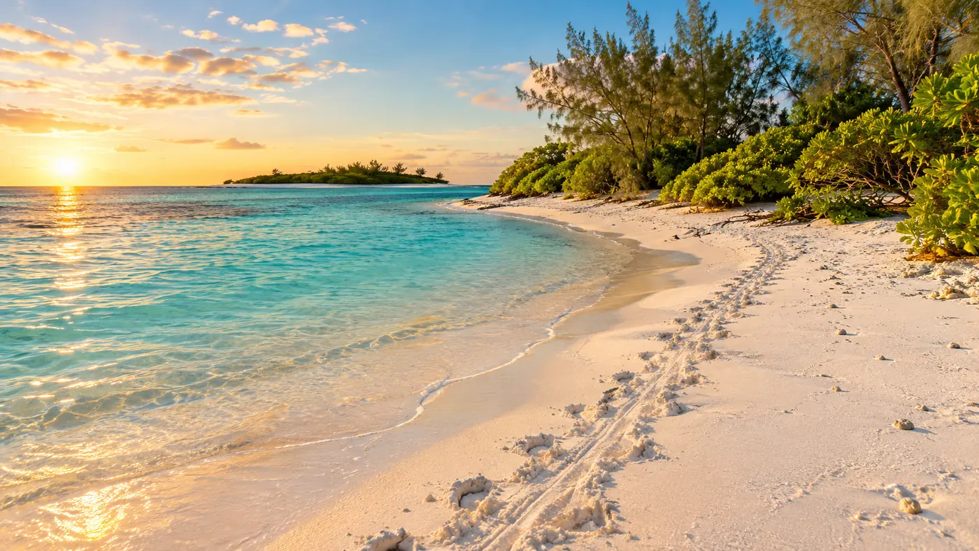 Fresh turtle tracks crossing white coral sand on a cay beach at golden hour