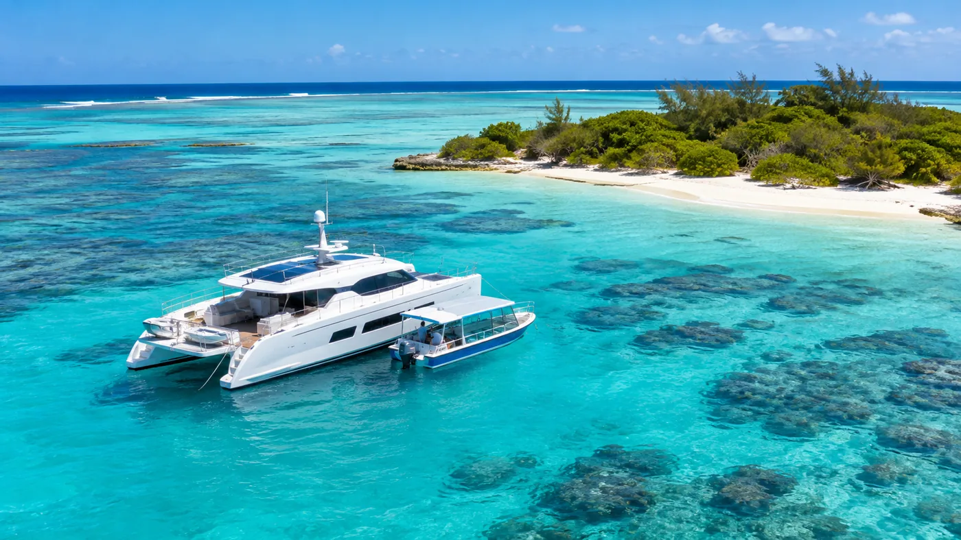 A white catamaran at anchor in a turquoise reef lagoon beside a low green coral cay